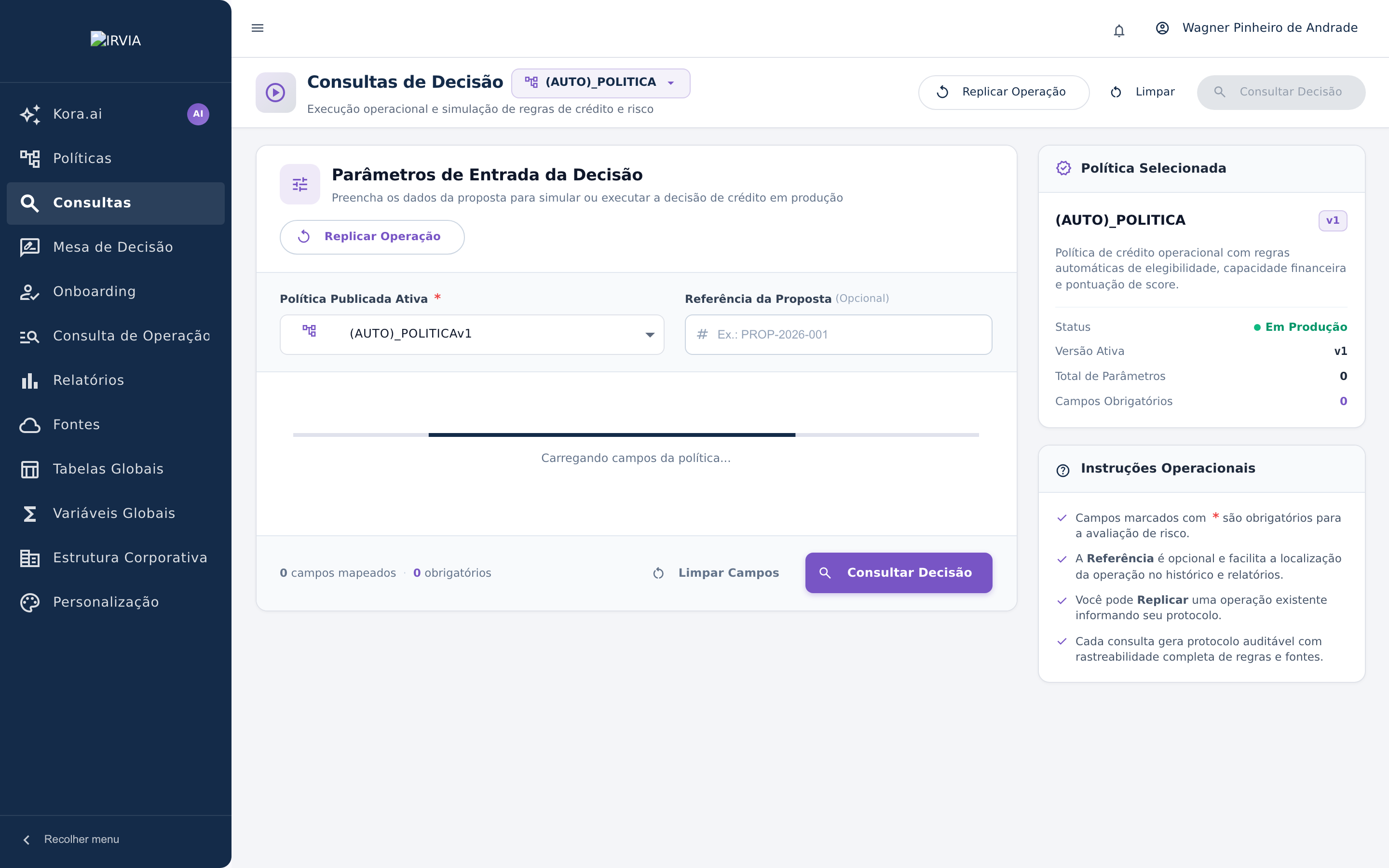 Tela real de Consultas e Governança da IRVIA